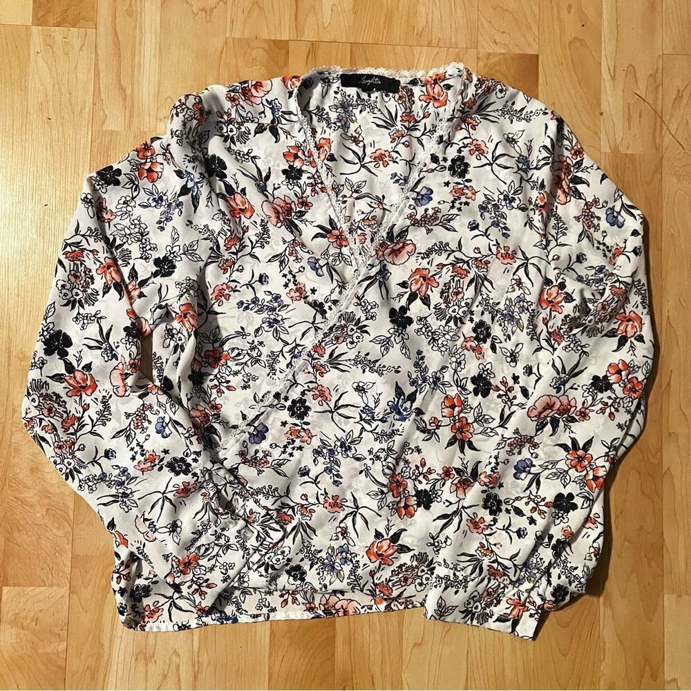 Leighton Floral Wrap Long Sleeve Top With Lace Trim Women’s Small